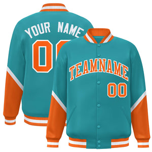 Custom Aqua Orange Varsity Full-Snap Color Block Letterman Baseball Jacket