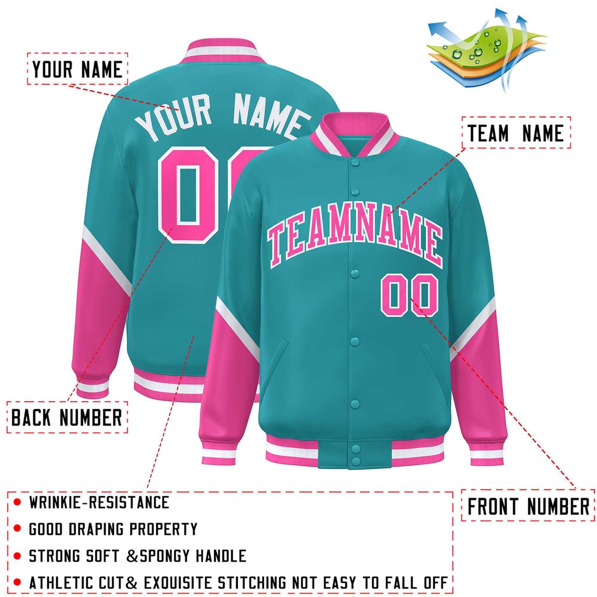 Custom Aqua Pink Varsity Full-Snap Color Block Letterman Baseball Jacket