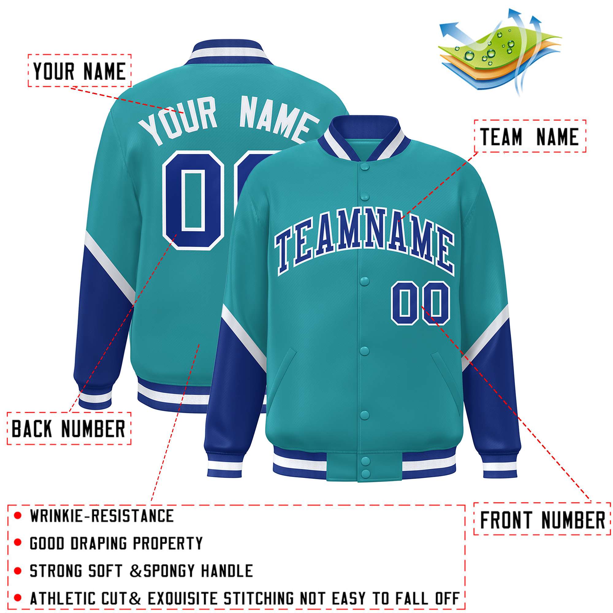 Custom Aqua Royal Varsity Full-Snap Color Block Letterman Baseball Jacket