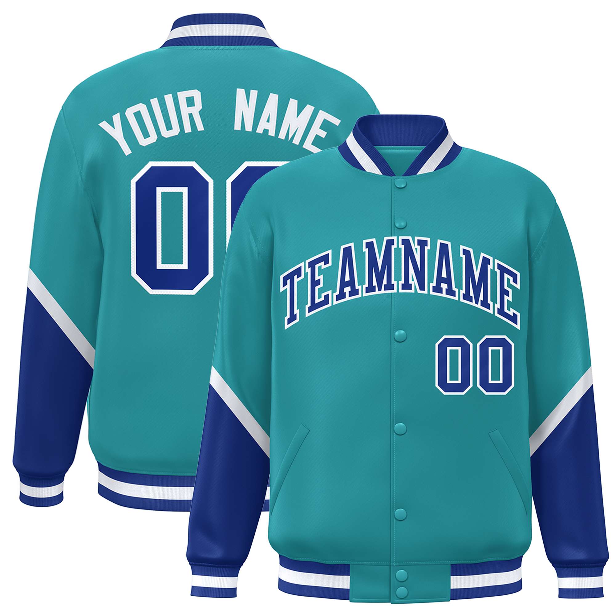 Custom Aqua Royal Varsity Full-Snap Color Block Letterman Baseball Jacket