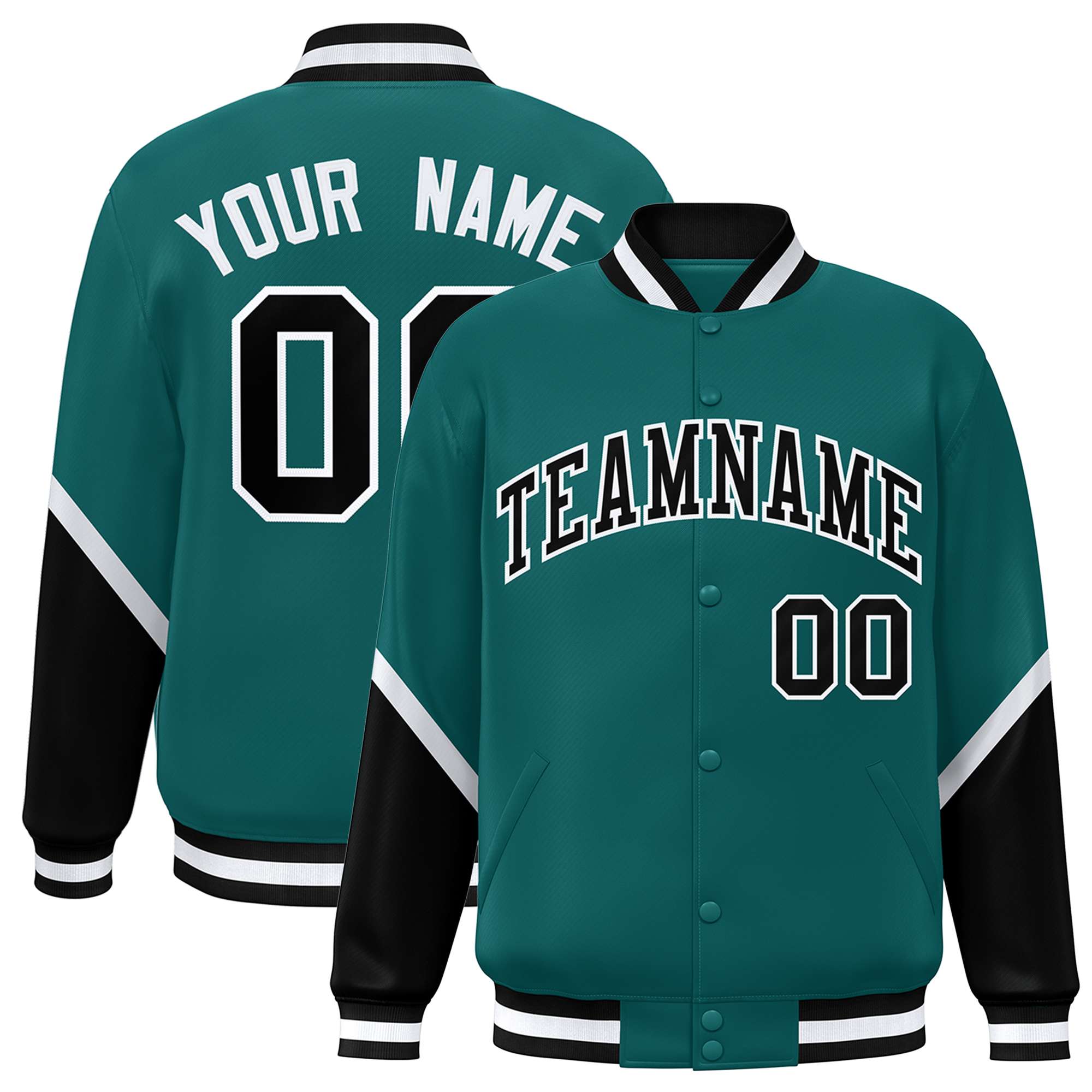 Custom Aqua Black Varsity Full-Snap Color Block Letterman Baseball Jacket