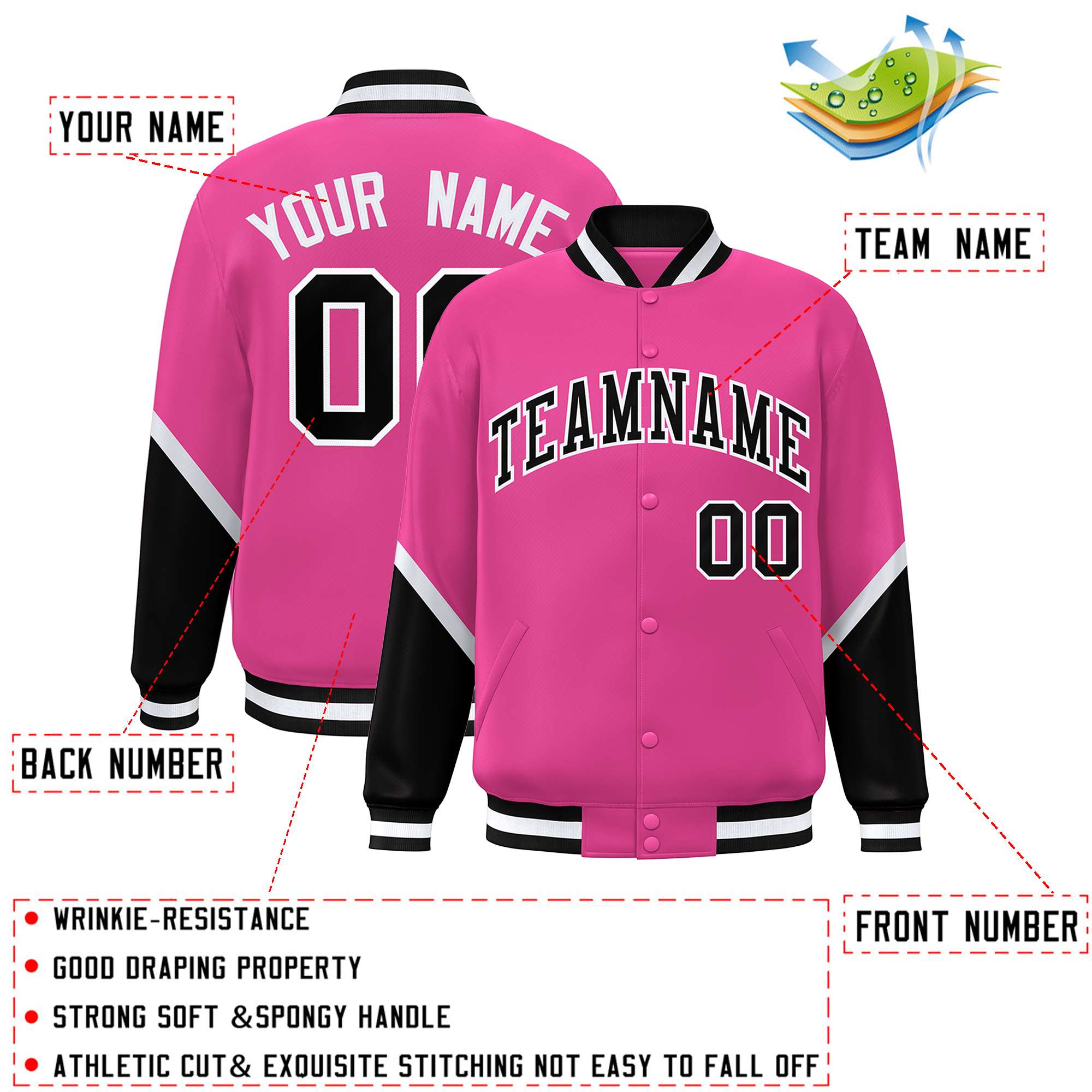 Custom Pink Black Varsity Full-Snap Color Block Letterman Baseball Jacket