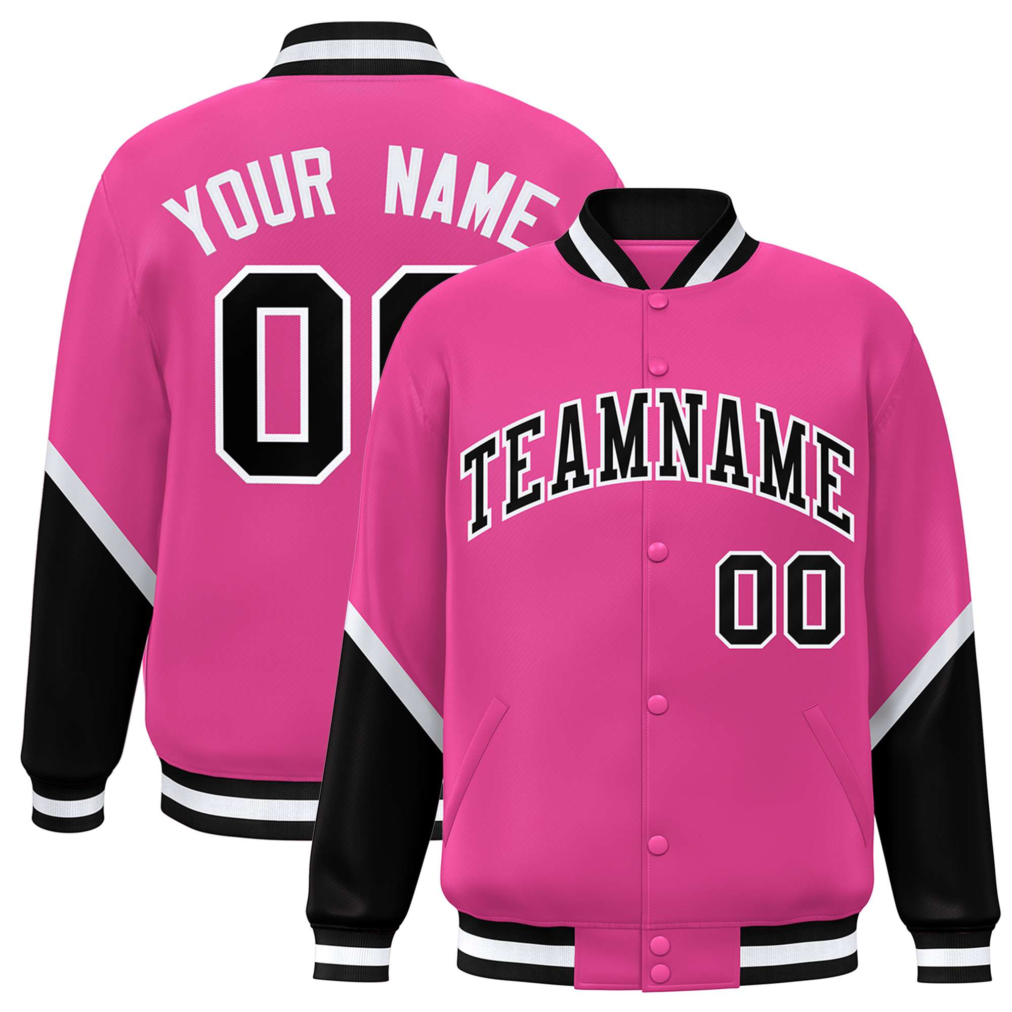 Custom Pink Black Varsity Full-Snap Color Block Letterman Baseball Jacket