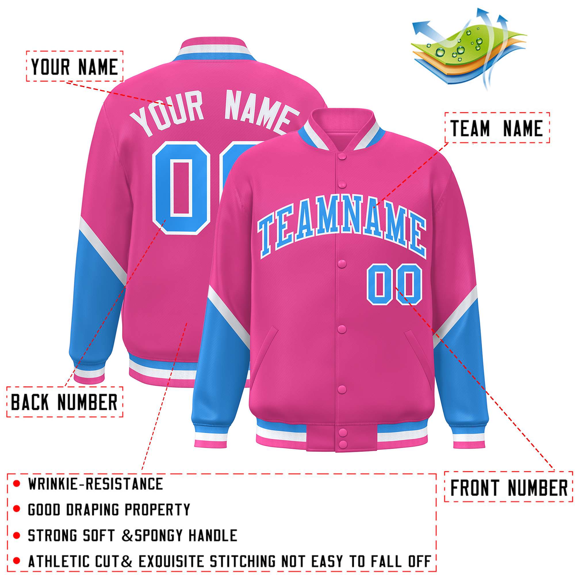 Custom Pink Powder Blue Varsity Full-Snap Color Block Letterman Baseball Jacket