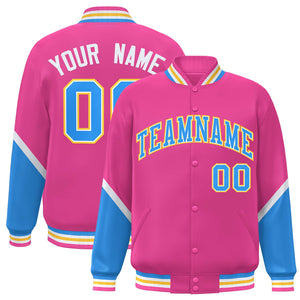 Custom Pink Powder Blue Varsity Full-Snap Color Block Letterman Baseball Jacket