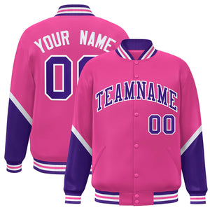 Custom Pink Purple Varsity Full-Snap Color Block Letterman Baseball Jacket