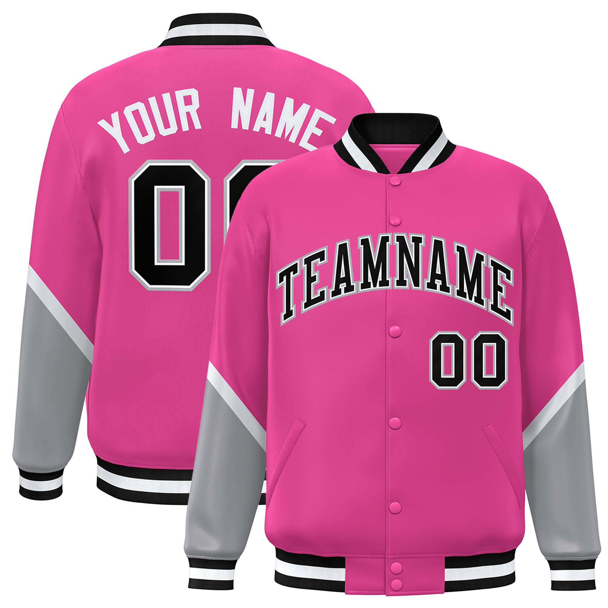 Custom Pink Gray Varsity Full-Snap Color Block Letterman Baseball Jacket