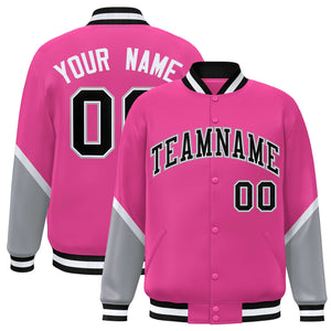 Custom Pink Gray Varsity Full-Snap Color Block Letterman Baseball Jacket