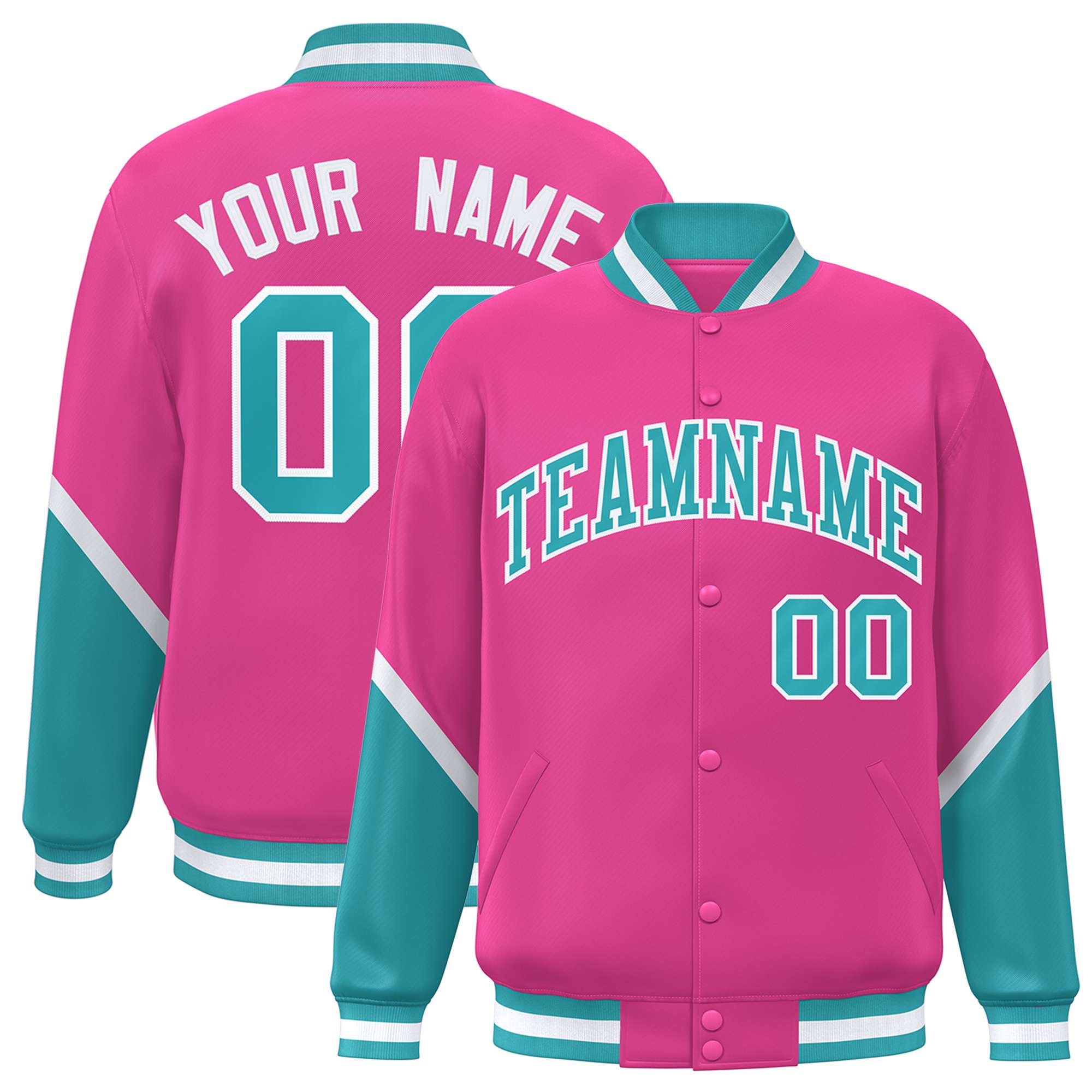 Custom Pink Aqua Varsity Full-Snap Color Block Letterman Baseball Jacket