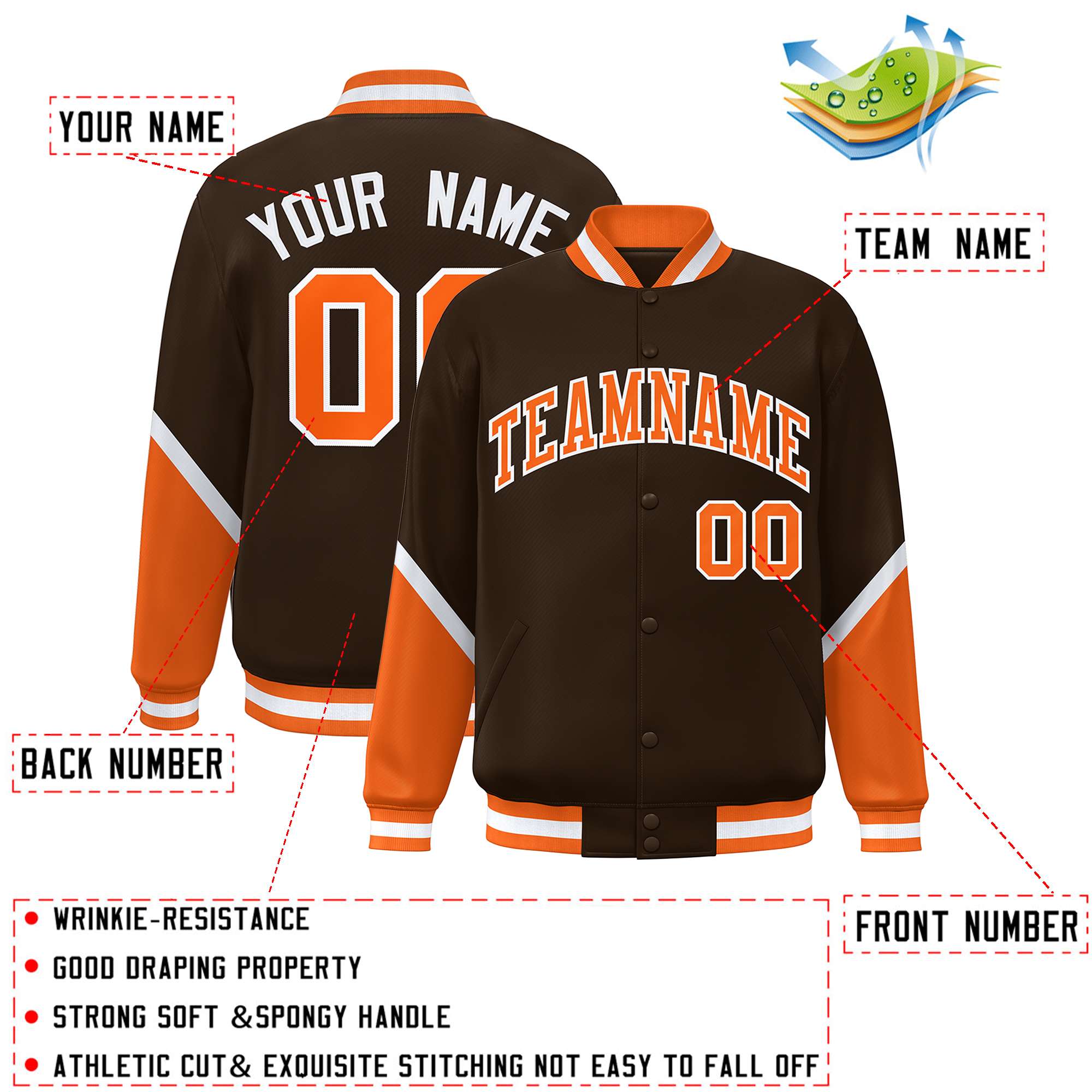 Custom Brown Orange Varsity Full-Snap Color Block Letterman Baseball Jacket