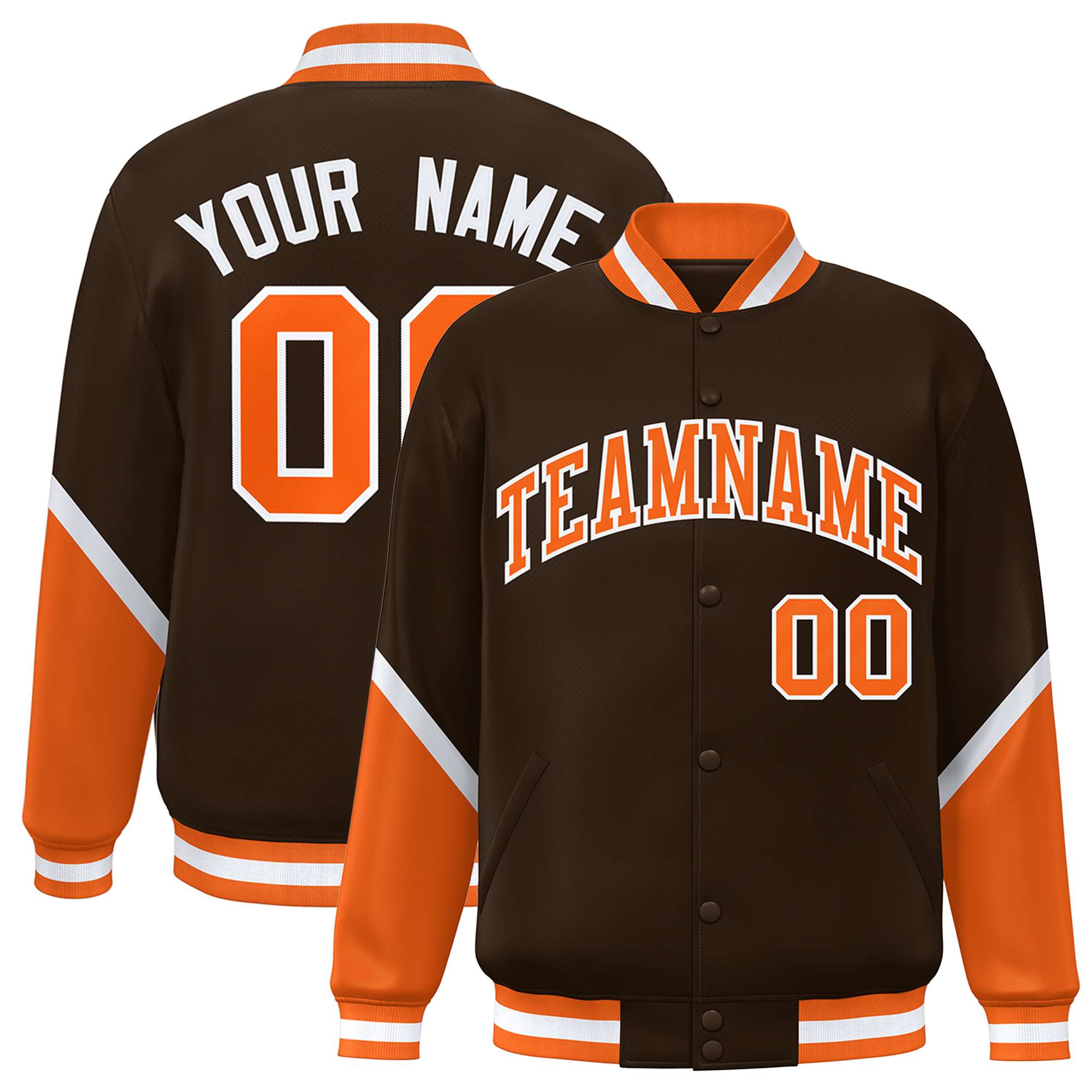 Custom Brown Orange Varsity Full-Snap Color Block Letterman Baseball Jacket