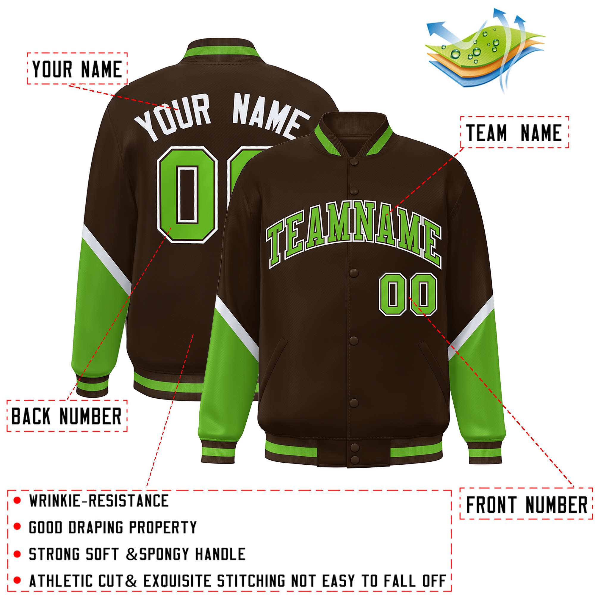 Custom Brown Green Varsity Full-Snap Color Block Letterman Baseball Jacket