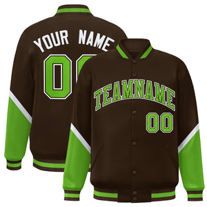 Custom Brown Green Varsity Full-Snap Color Block Letterman Baseball Jacket