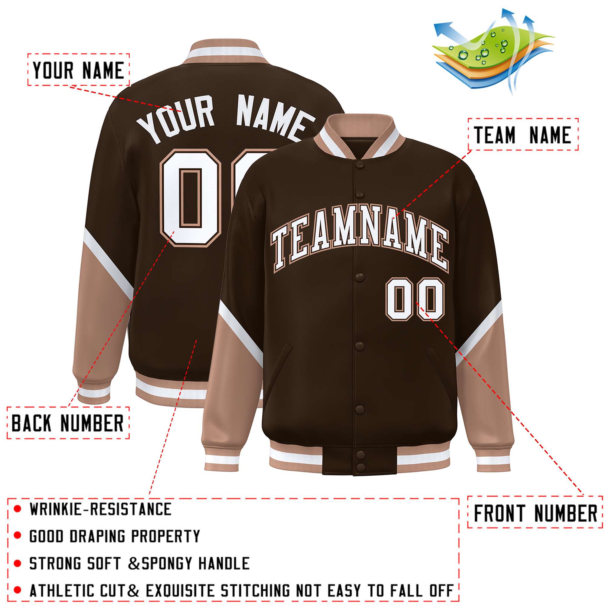 Custom Brown Tea Brown Varsity Full-Snap Color Block Letterman Baseball Jacket