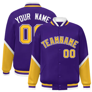 Custom Purple Gold Varsity Full-Snap Color Block Letterman Baseball Jacket