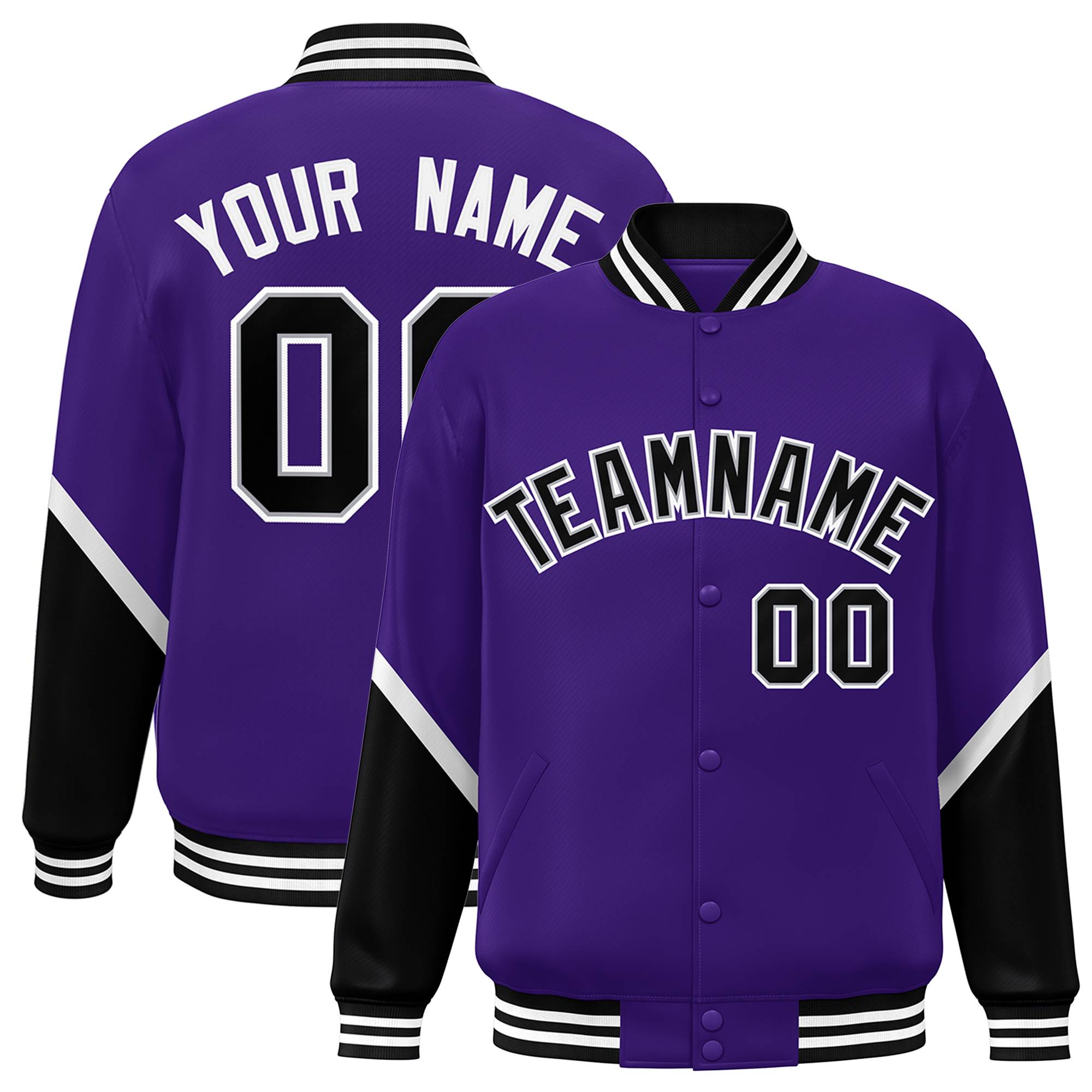 Custom Purple Black Varsity Full-Snap Color Block Letterman Baseball Jacket