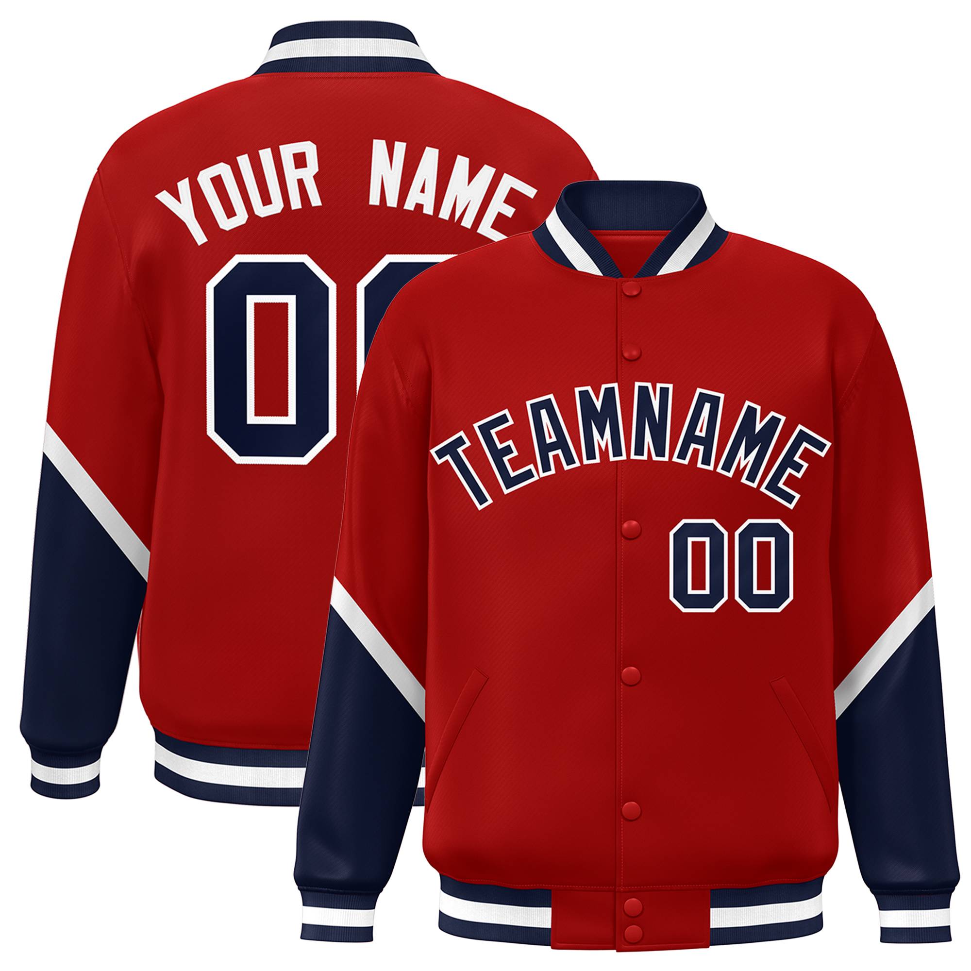 Custom Red Navy Varsity Full-Snap Color Block Letterman Baseball Jacket