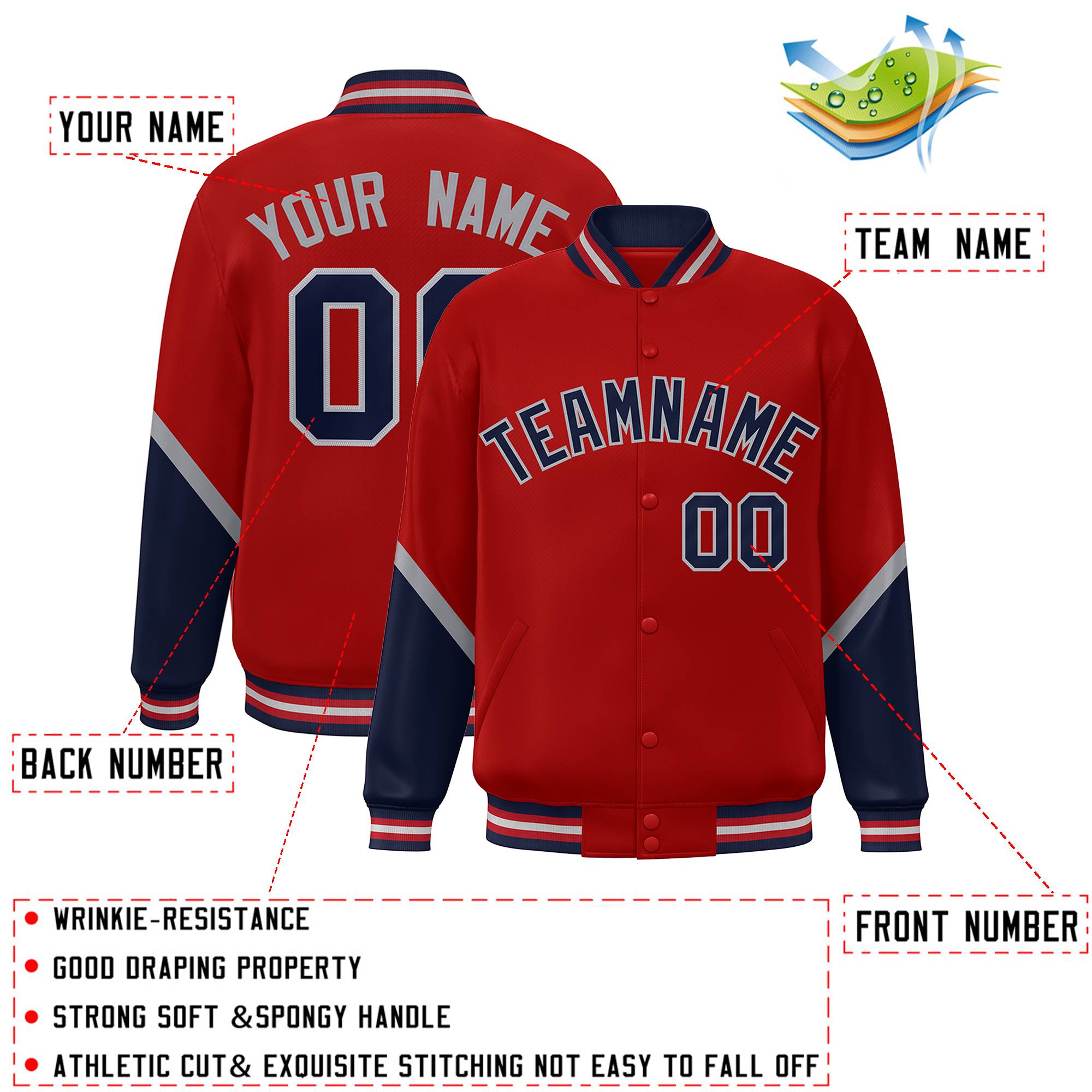 Custom Red Navy Varsity Full-Snap Color Block Letterman Baseball Jacket