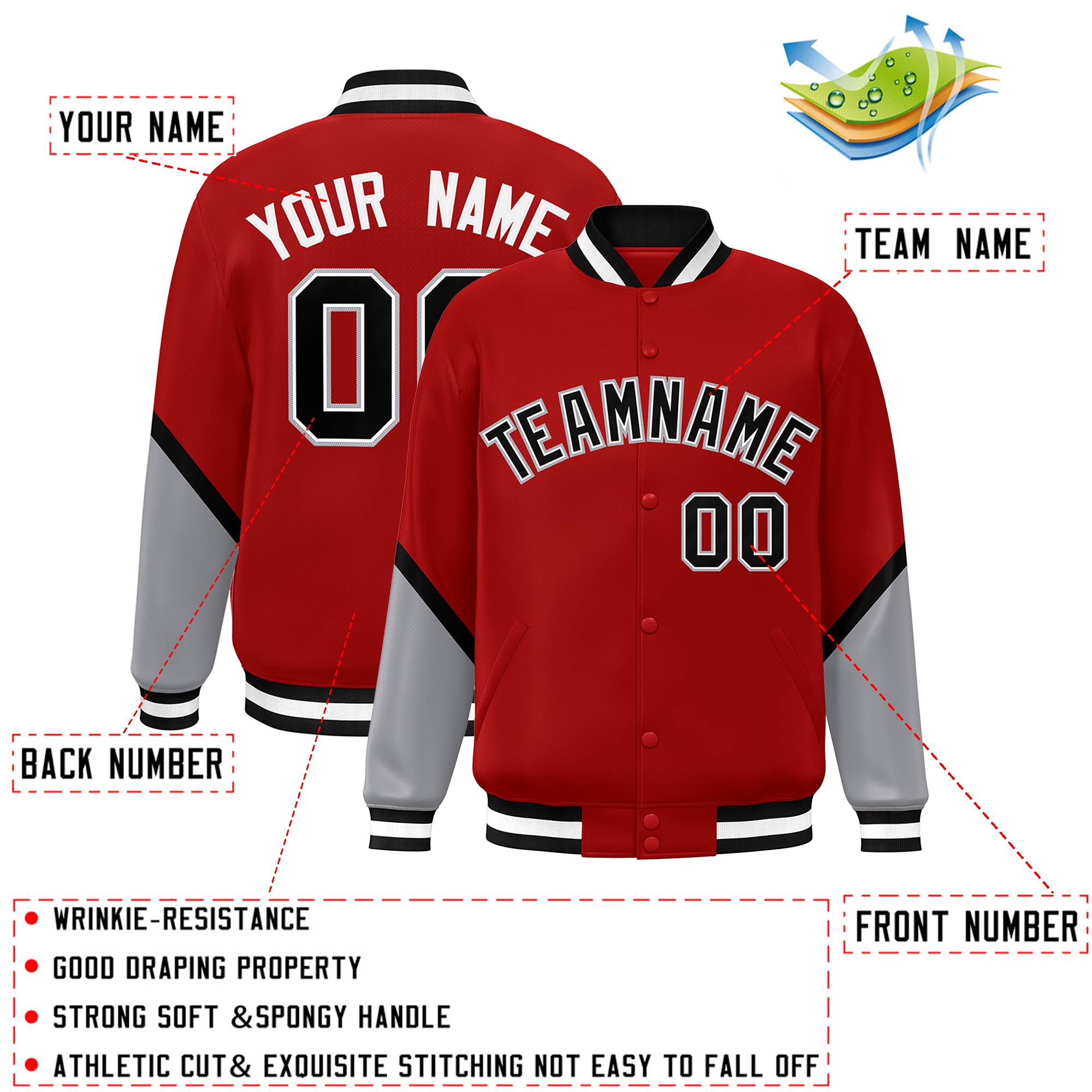 Custom Red Gray Varsity Full-Snap Color Block Letterman Baseball Jacket