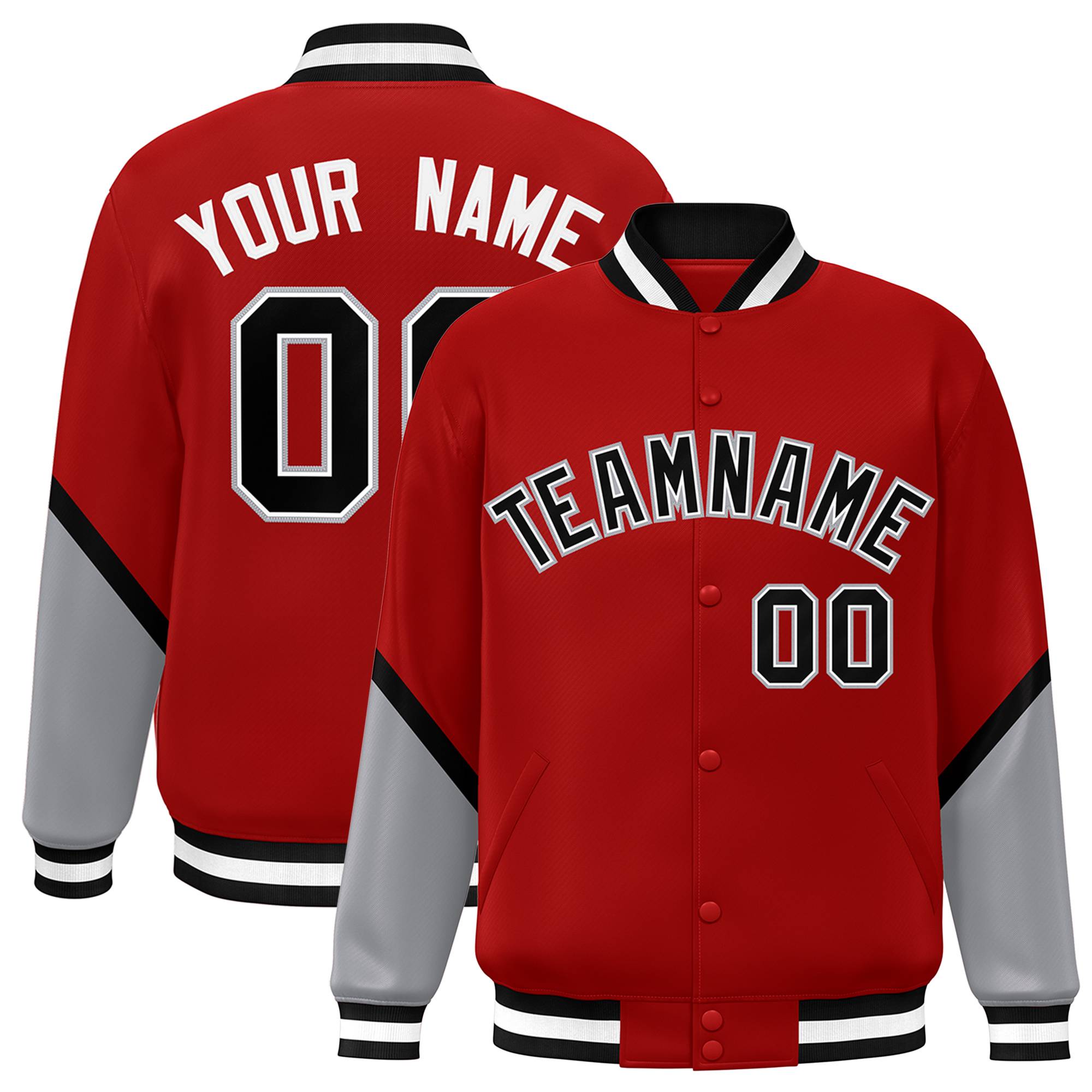 Custom Red Gray Varsity Full-Snap Color Block Letterman Baseball Jacket