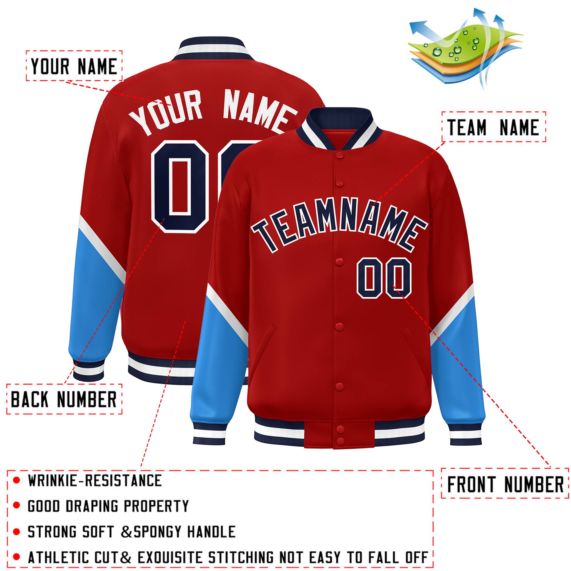 Custom Red Powder Blue Varsity Full-Snap Color Block Letterman Baseball Jacket