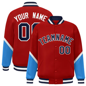 Custom Red Powder Blue Varsity Full-Snap Color Block Letterman Baseball Jacket