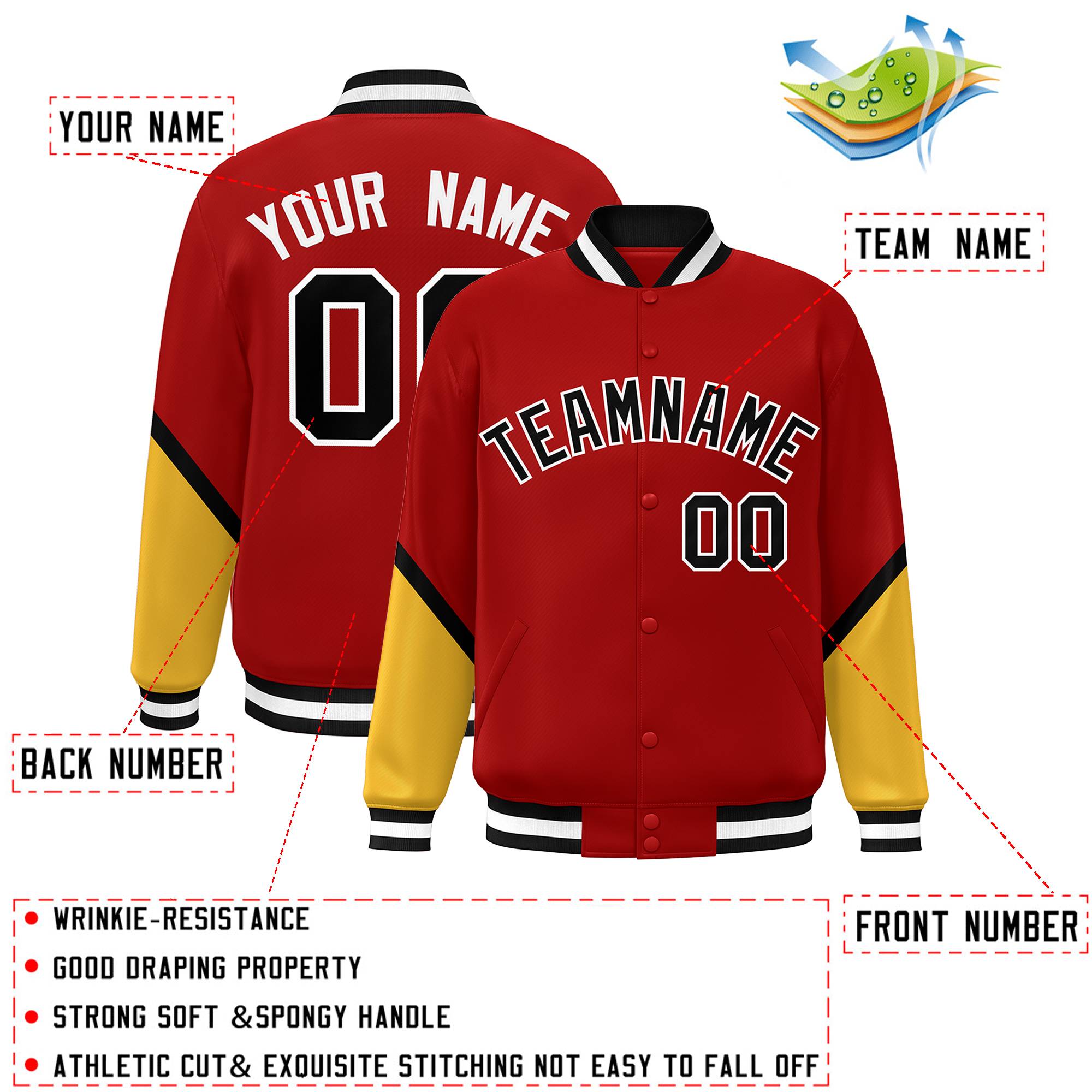 Custom Red Gold Varsity Full-Snap Color Block Letterman Baseball Jacket