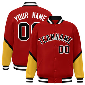 Custom Red Gold Varsity Full-Snap Color Block Letterman Baseball Jacket