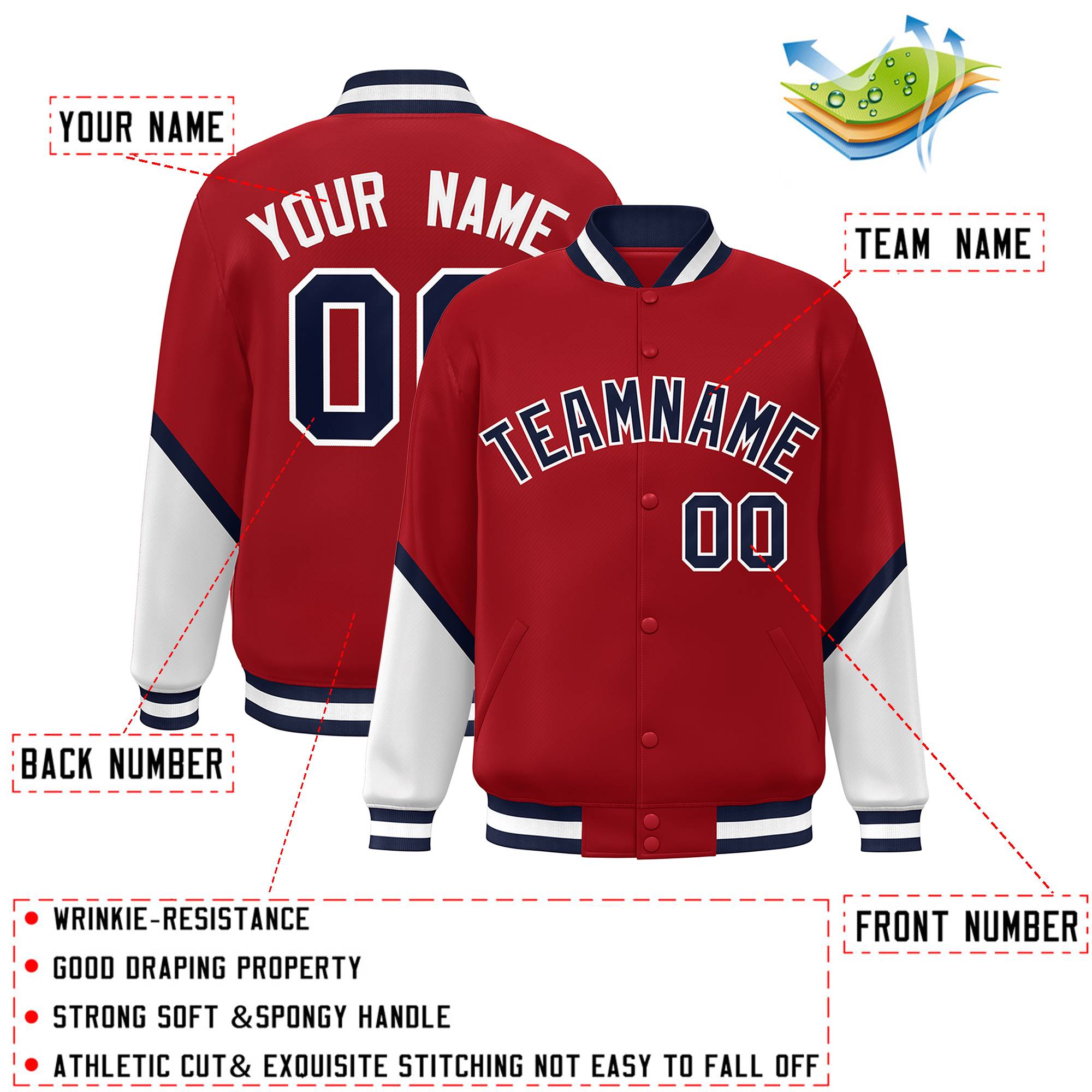 Custom Red White Varsity Full-Snap Color Block Letterman Baseball Jacket