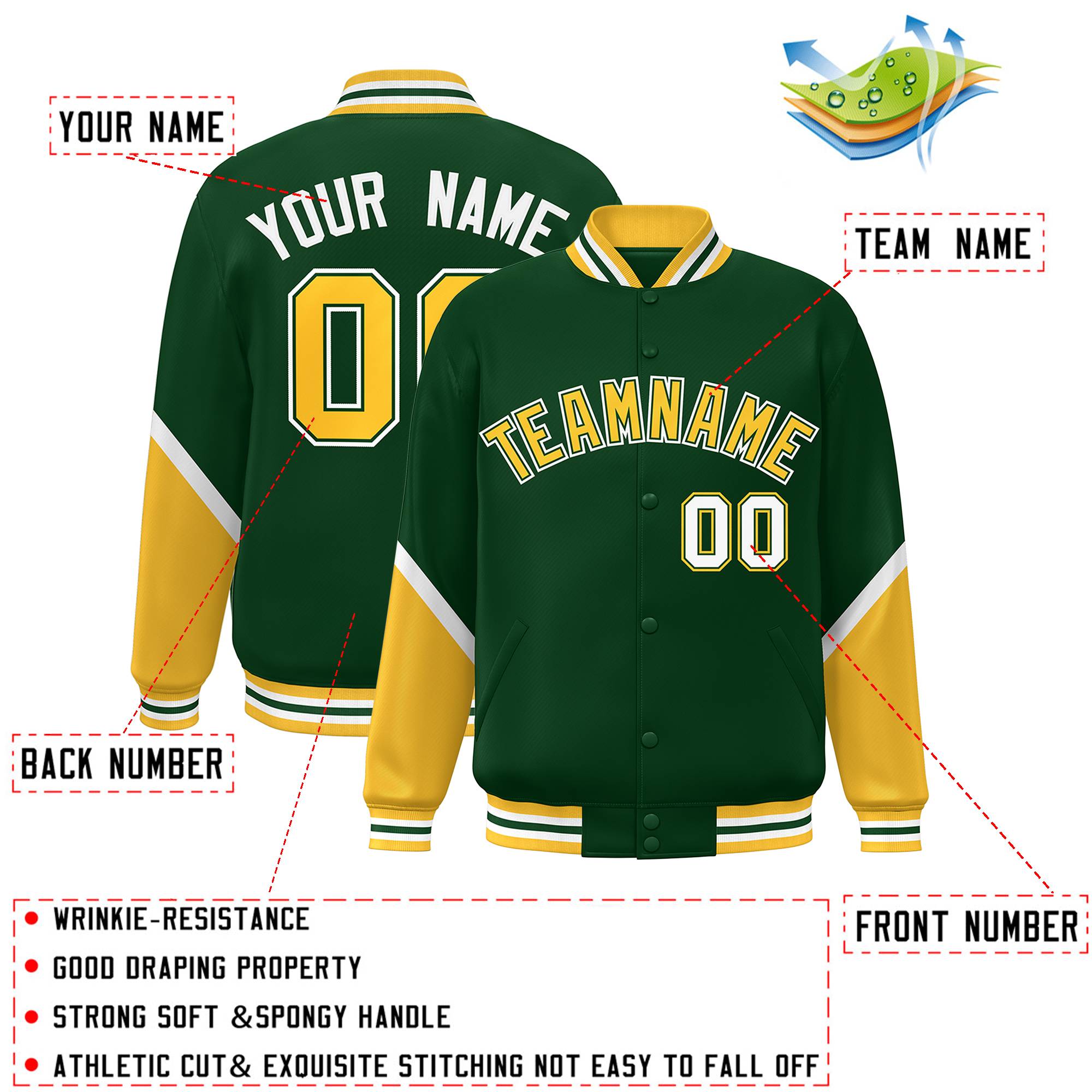 Custom Green Gold Varsity Full-Snap Color Block Letterman Baseball Jacket