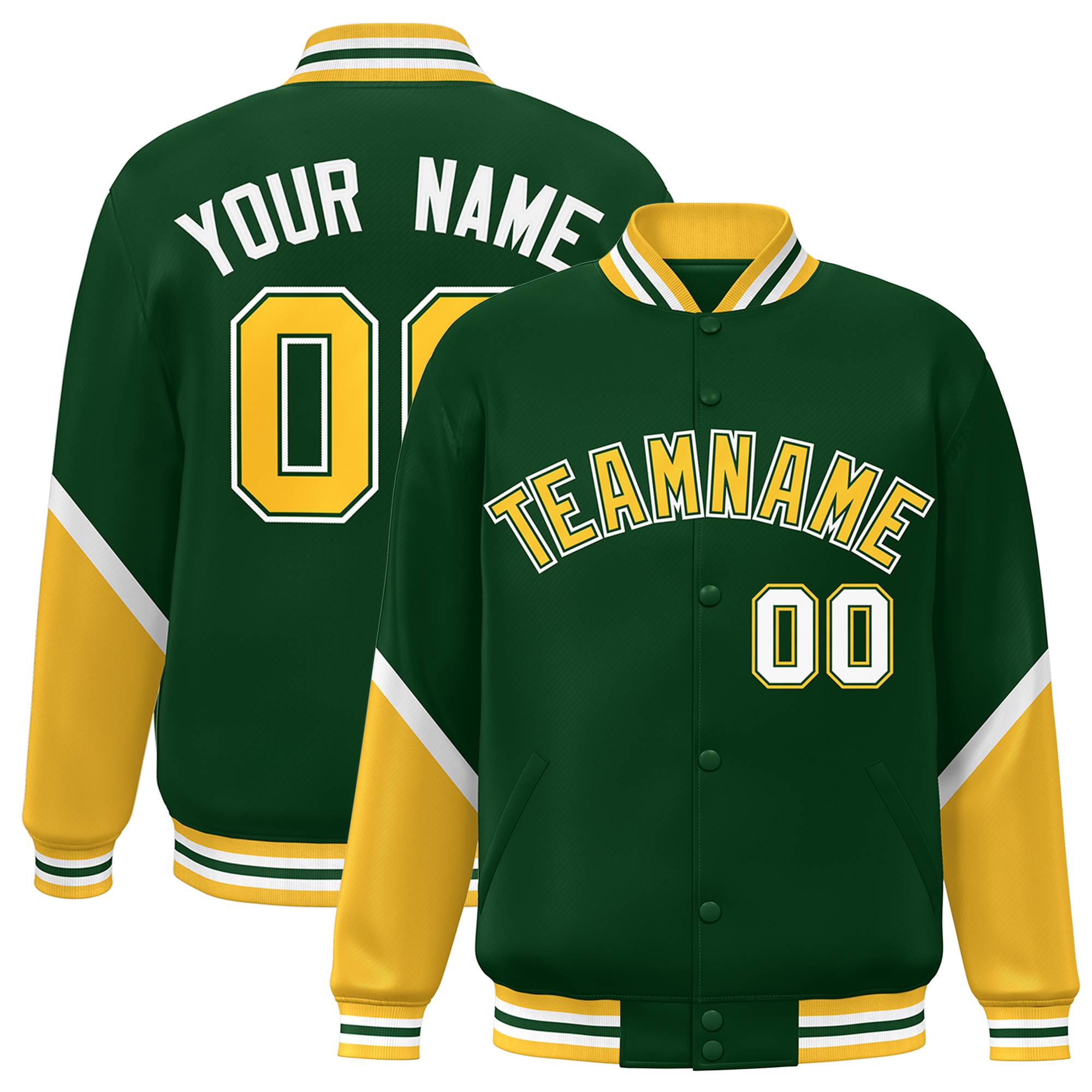 Custom Green Gold Varsity Full-Snap Color Block Letterman Baseball Jacket