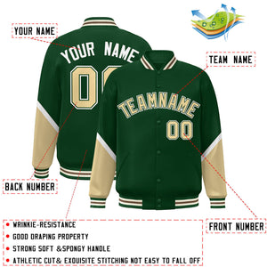 Custom Green Khaki Varsity Full-Snap Color Block Letterman Baseball Jacket