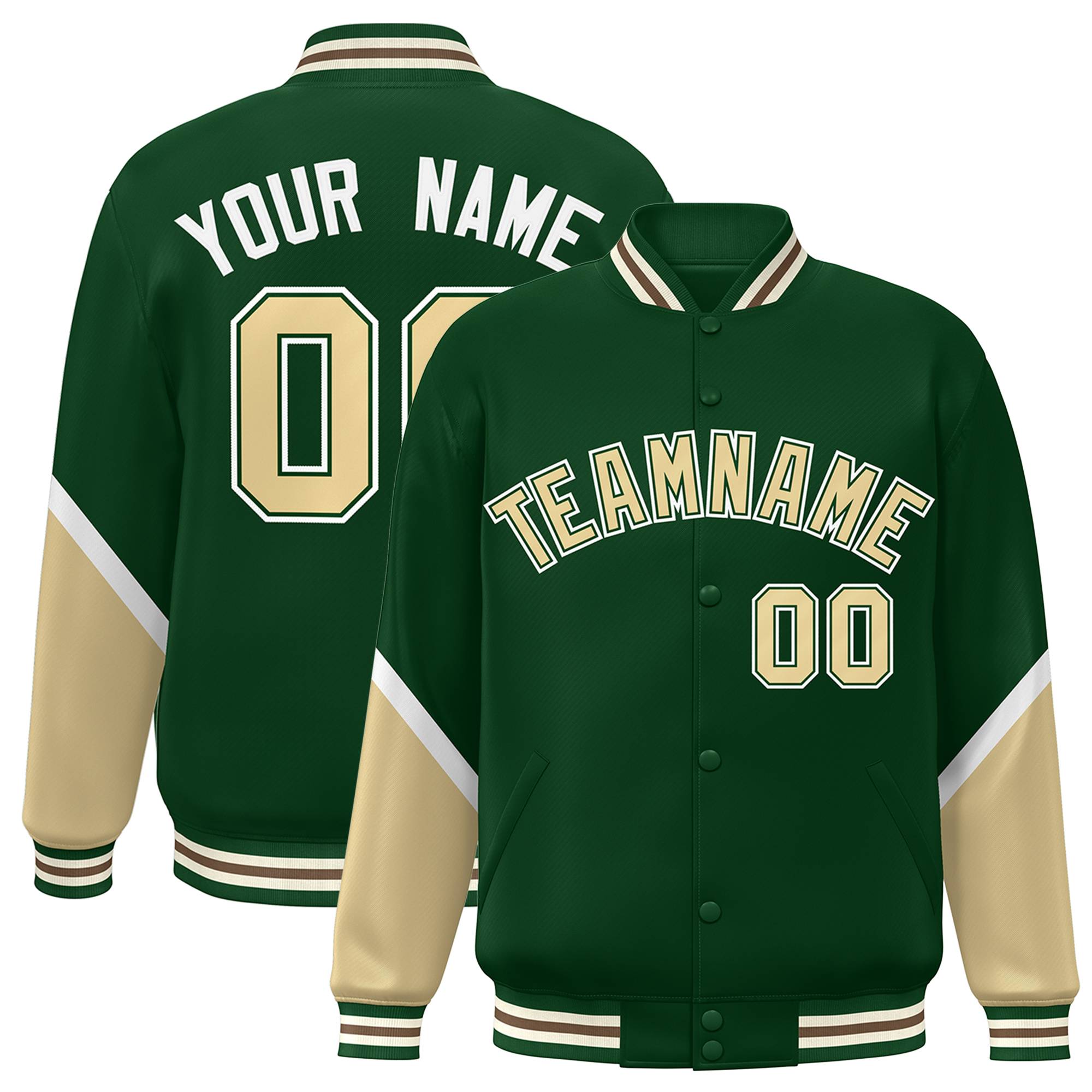 Custom Green Khaki Varsity Full-Snap Color Block Letterman Baseball Jacket