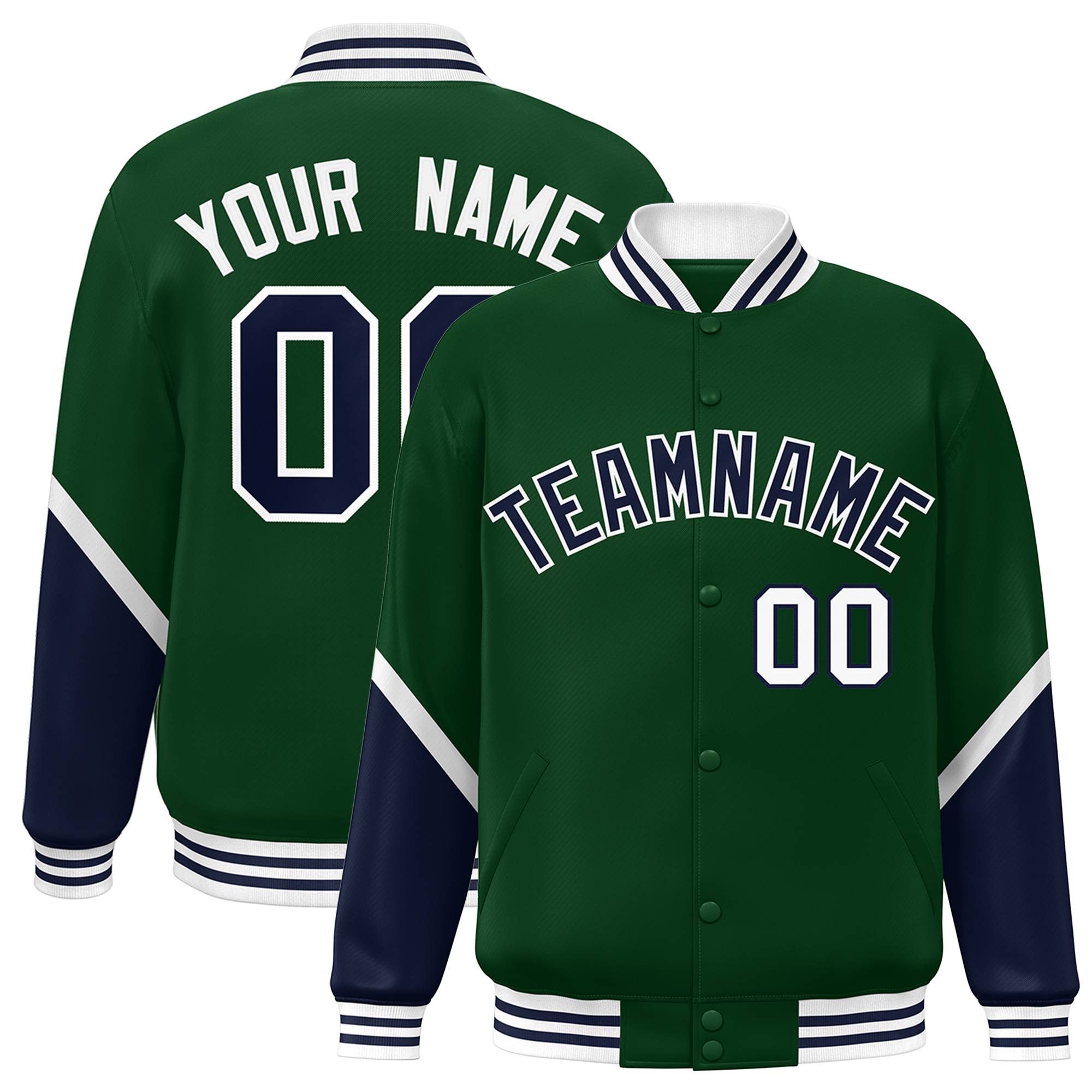 Custom Green Navy Varsity Full-Snap Color Block Letterman Baseball Jacket