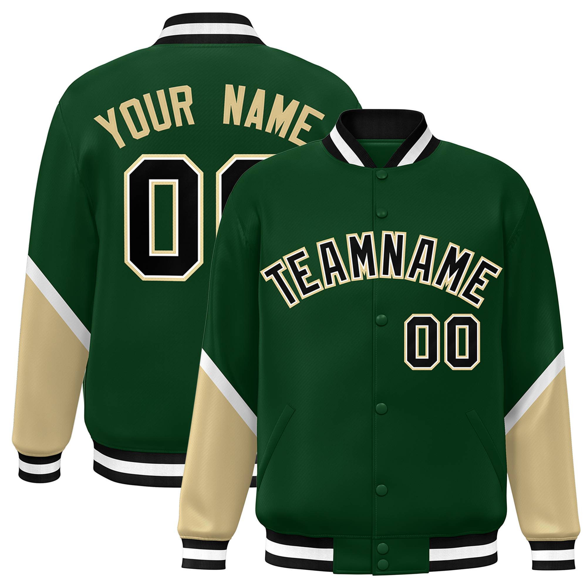 Custom Green Khaki Varsity Full-Snap Color Block Letterman Baseball Jacket