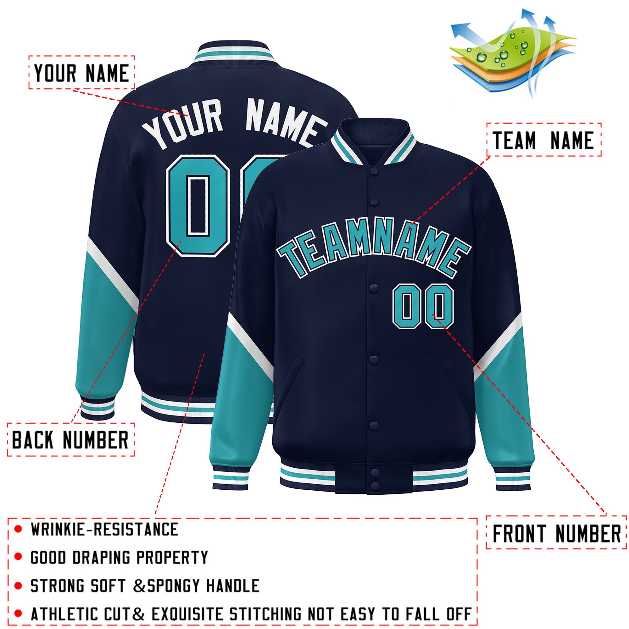 Custom Navy Aqua Varsity Full-Snap Color Block Letterman Baseball Jacket