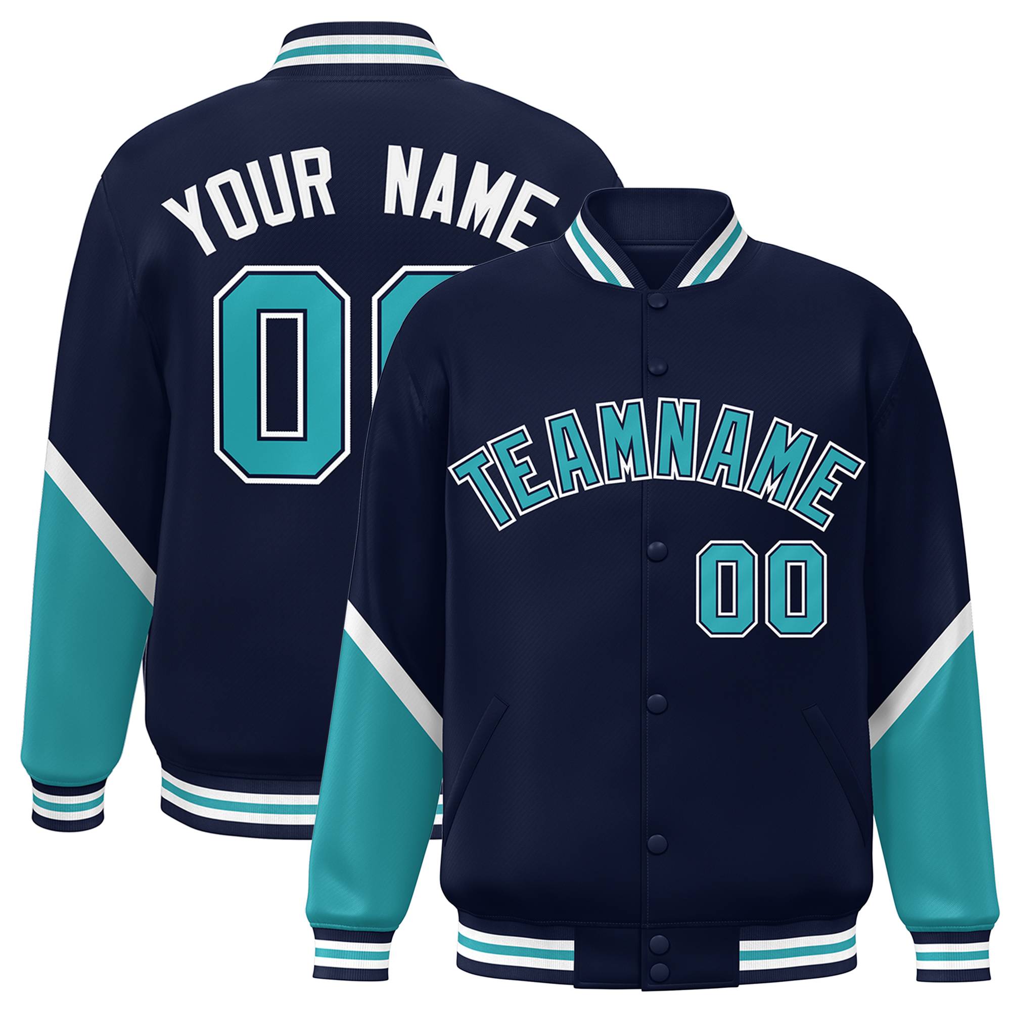 Custom Navy Aqua Varsity Full-Snap Color Block Letterman Baseball Jacket