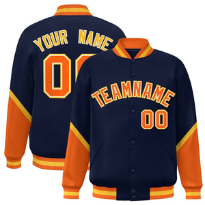 Custom Navy Orange Varsity Full-Snap Color Block Letterman Baseball Jacket