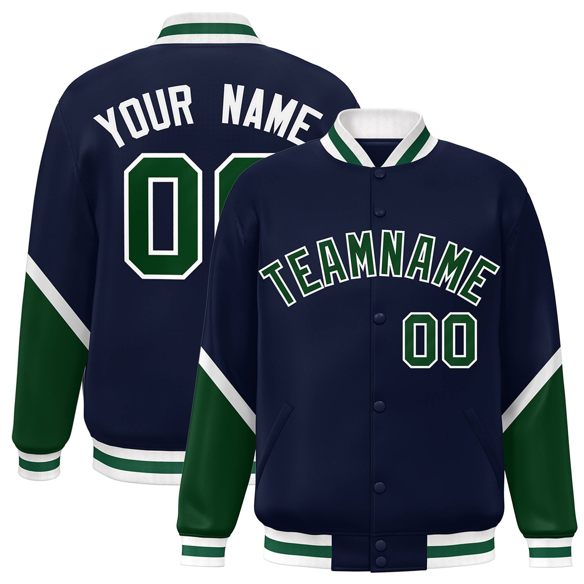 Custom Navy Green Varsity Full-Snap Color Block Letterman Baseball Jacket