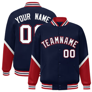 Custom Navy Red Varsity Full-Snap Color Block Letterman Baseball Jacket