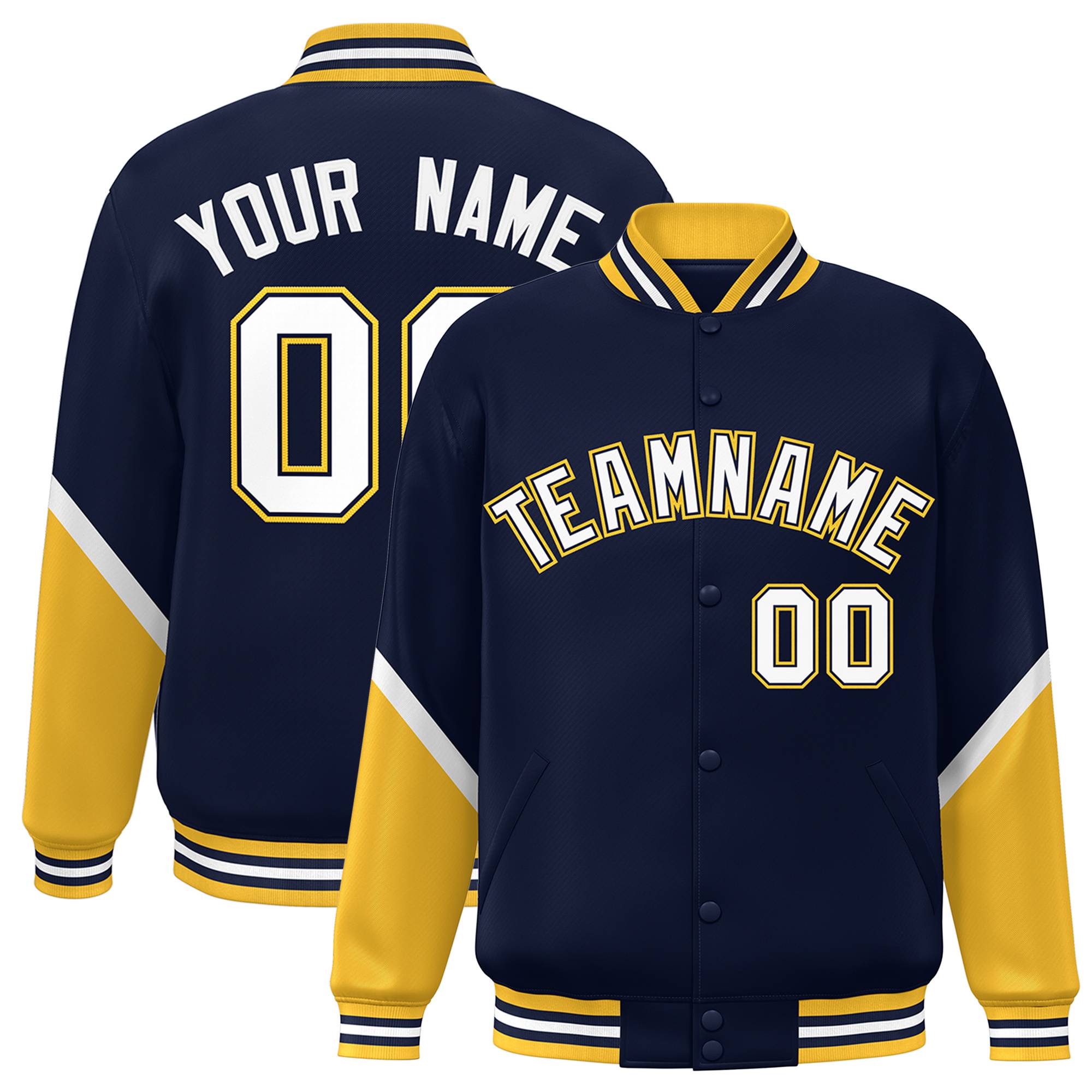 Custom Navy Gold Varsity Full-Snap Color Block Letterman Baseball Jacket