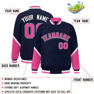 Custom Navy Pink Varsity Full-Snap Color Block Letterman Baseball Jacket