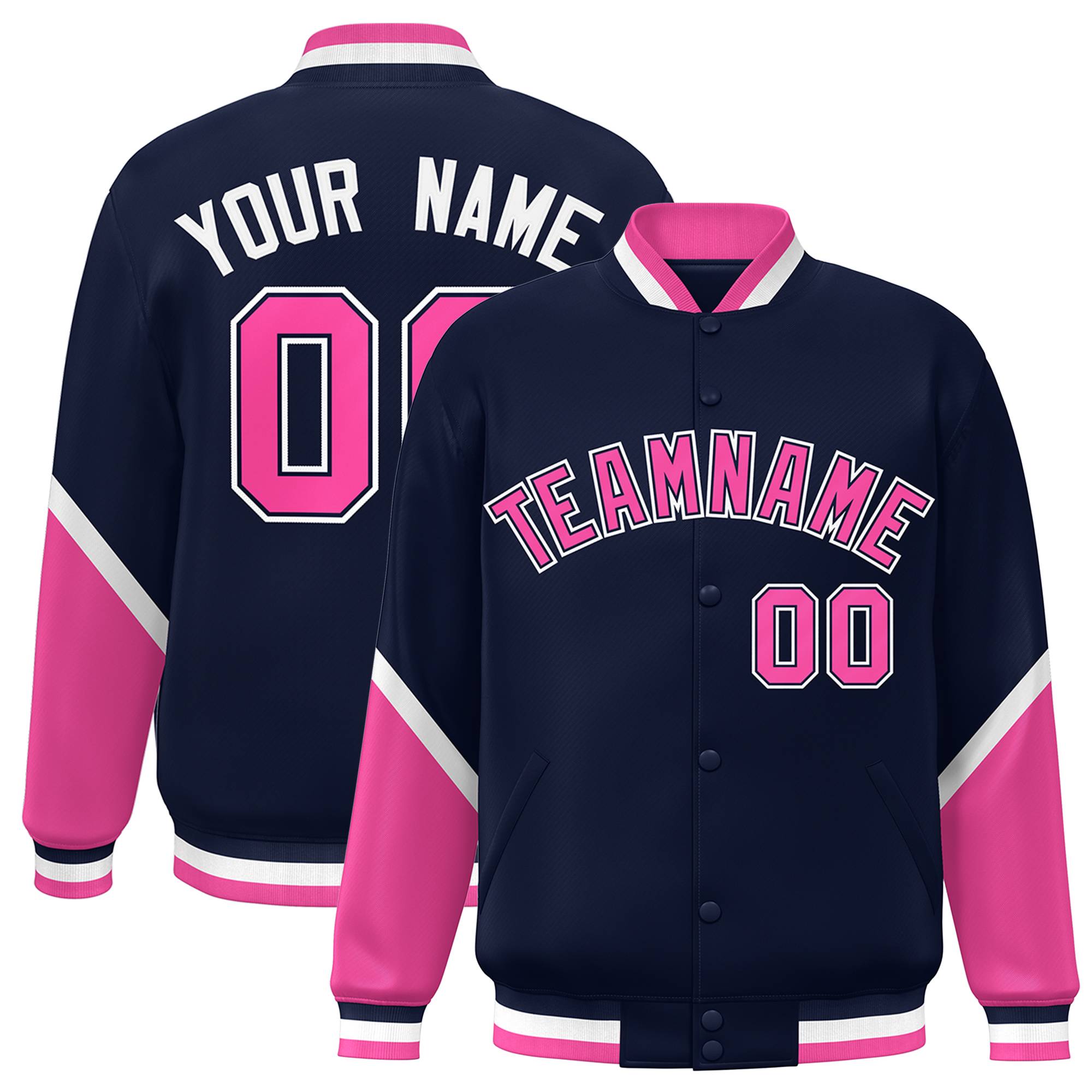 Custom Navy Pink Varsity Full-Snap Color Block Letterman Baseball Jacket