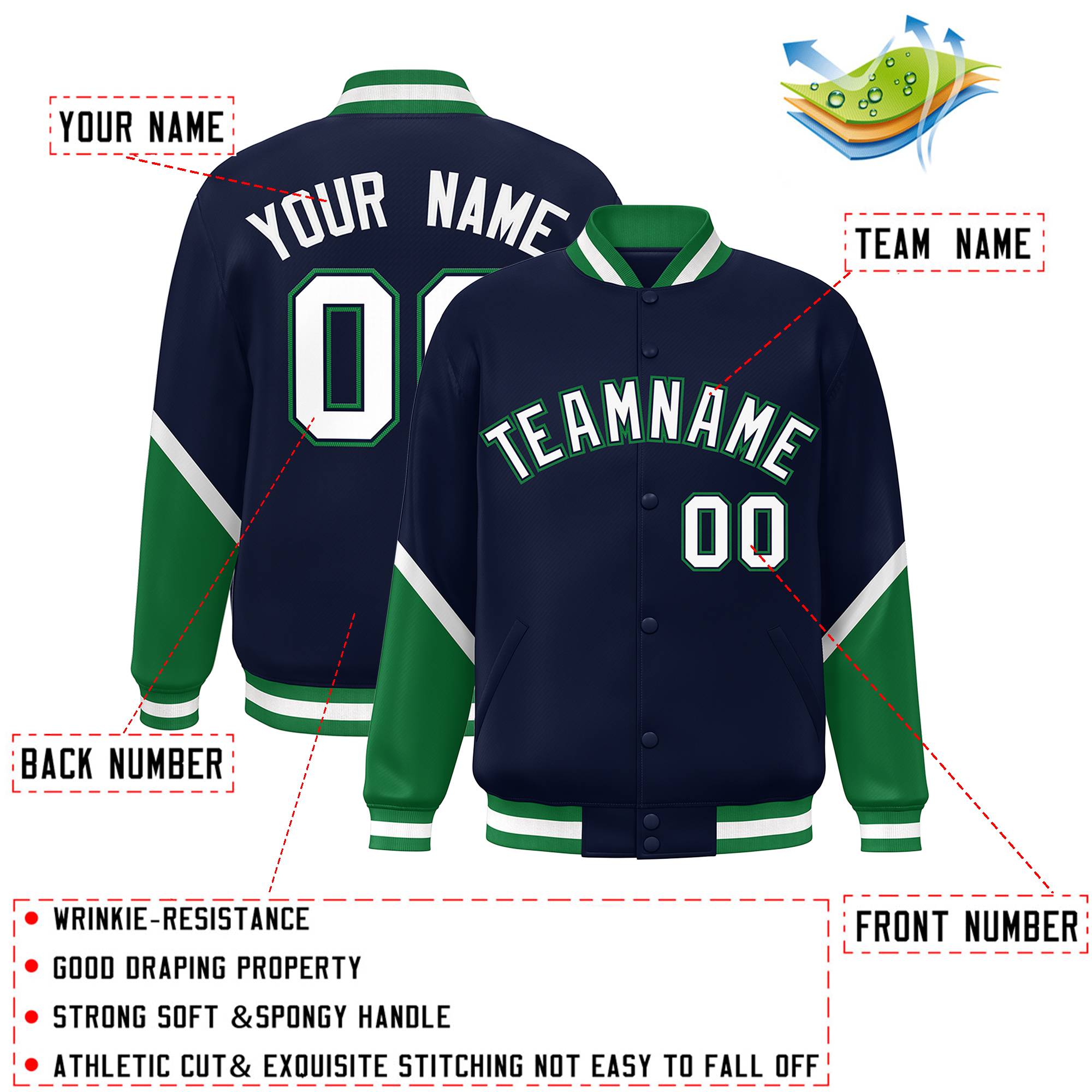 Custom Navy Kelly Green Varsity Full-Snap Color Block Letterman Baseball Jacket