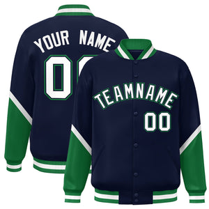 Custom Navy Kelly Green Varsity Full-Snap Color Block Letterman Baseball Jacket