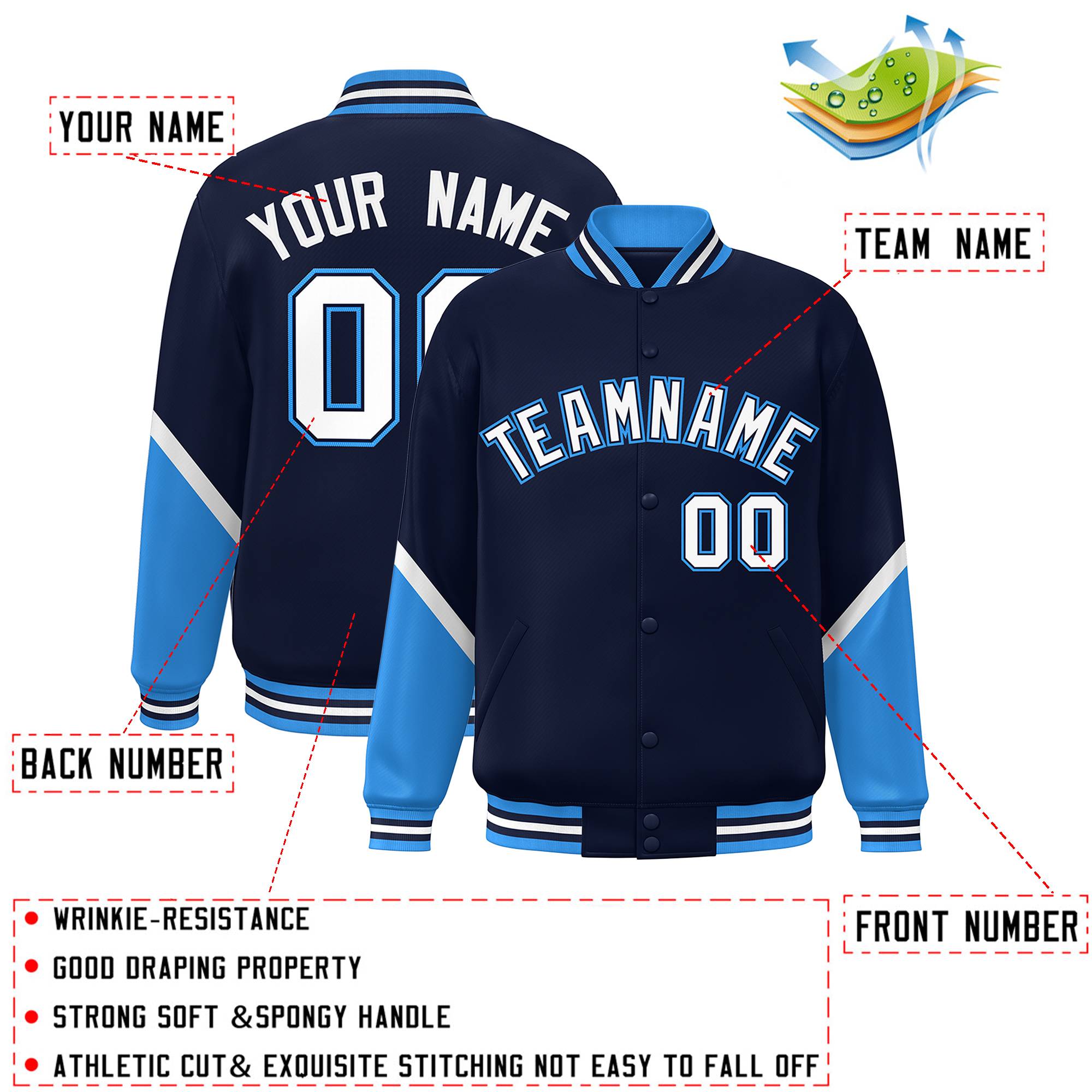 Custom Navy Powder Blue Varsity Full-Snap Color Block Letterman Baseball Jacket