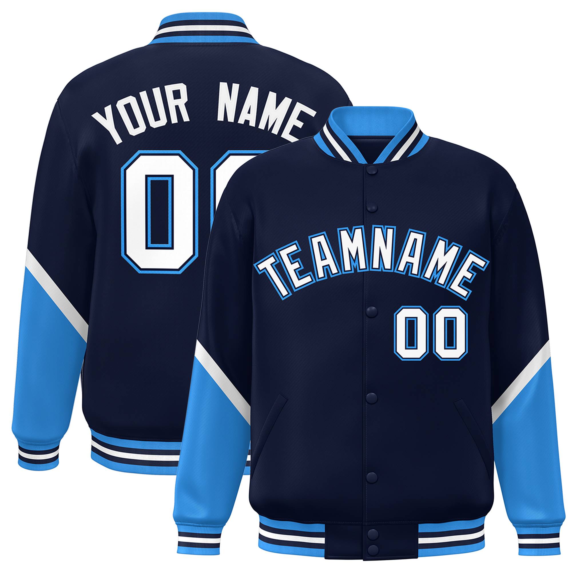 Custom Navy Powder Blue Varsity Full-Snap Color Block Letterman Baseball Jacket