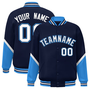 Custom Navy Powder Blue Varsity Full-Snap Color Block Letterman Baseball Jacket