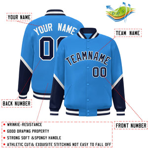 Custom Powder Blue Navy Varsity Full-Snap Color Block Letterman Baseball Jacket