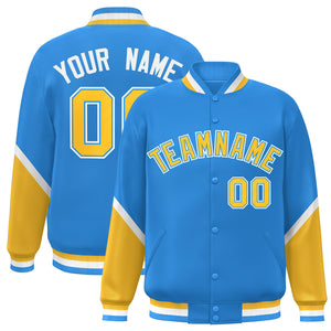 Custom Powder Blue Gold Varsity Full-Snap Color Block Letterman Baseball Jacket